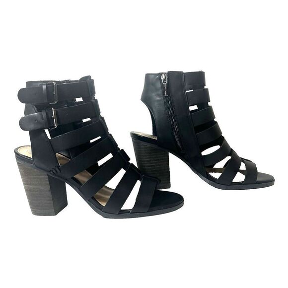 Vince Camuto Womens 7.5M Black Leather High Heels Ankle Wrap Zip Open Toe Sandal - Picture 2 of 11